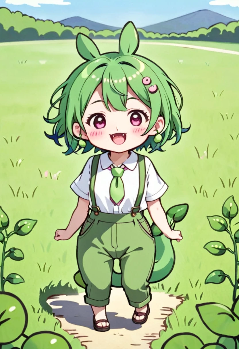 (((tkw))), (zndmn), solo, Full body shot, chibi, green hair, short hair, green clothing, smile, outdoors, field, tail, open mouth, long fang, White short-sleeved blouse, green suspenders attached to green half pants, Pink ribbon tie adorned with green soybean, Edamame-shaped ear accessory, Two heads tall