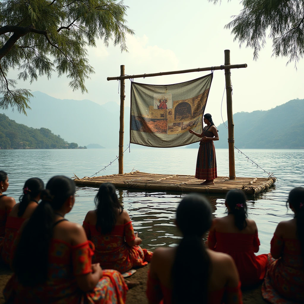 Photo d une conférence sur une plateforme de bambou flottante sur le lac atitlan. Une femme en costume traditionnel commante des images de déchet flottant sur écran de tissu tendu sur une structure poétique de bambou. En premier plan le public en habit Maya qui regarde a terre