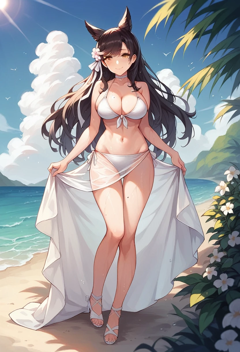 atago (azur lane), 1girl, solo, long hair, breasts, looking at viewer, blush, smile, bangs, large breasts, black hair, hair ornament, ribbon, navel, animal ears, cleavage, closed mouth, standing, swimsuit, full body, yellow eyes, flower, bikini, thighs, outdoors, sky, choker, day, cloud, hair flower, water, stomach, mole, high heels, blue sky, wet, mole under eye, toes, side-tie bikini bottom, white bikini, sandals, sunlight, white footwear, front-tie top, white ribbon, extra ears, sun, sarong