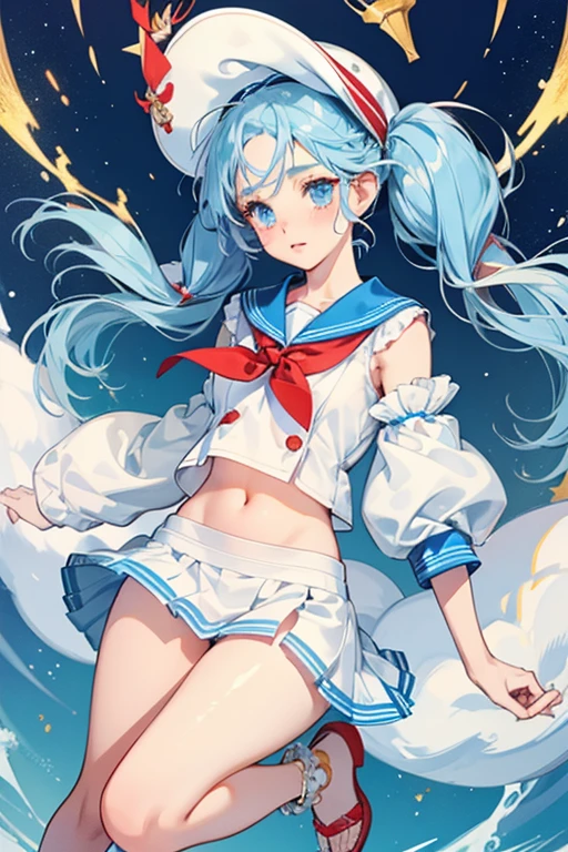 B'Anchor is a fair skinned girl with peach freckles, lips, and a very faint blush. her eye-shadow is off-white and she has light blue eyes with pale streaks. Her blue hair is worn in low, thick pigtails and she wears a blue headband with a white sailor cap accent by blue lining and a white and red anchor with ribbon hanging from it. She wears a white and red sailor top with blue fabric at the chest and sleeves, decorated with a single anchor, along with a blue pair of bottoms with four white buttons and a section of white and red, and red sandals with a white anklet and anchor hanging from the middle SPARKLE; GLITTER