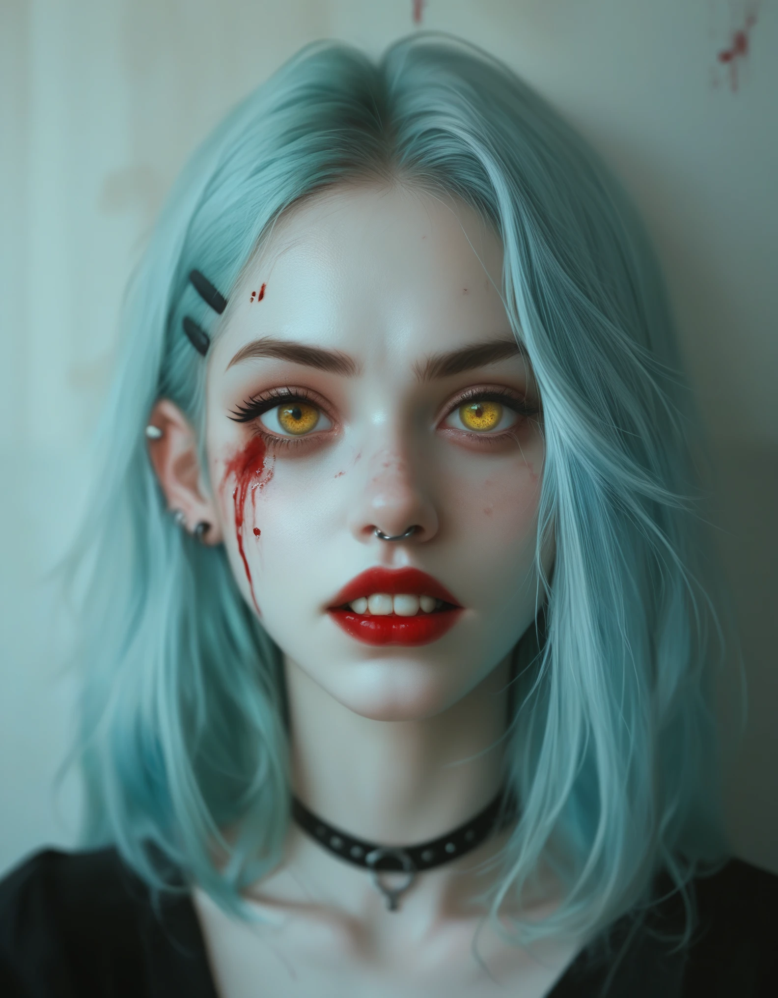 Digital illustration featuring a young woman with pale skin, light green eyes, and long, light blue hair adorned with black hairpins. She has a nose ring and multiple ear piercings, and her face is marked with blood streaks. The background is dark, and she is accompanied by a menacing black wolf with glowing yellow eyes and sharp, exaggerated teeth. The wolf's head is positioned close to her, creating a sense of eerie companionship. The overall style is dark and gothic, with a focus on contrast and dramatic lighting. In the bottom left corner, the text "ArtVision1999" is emblazoned in a bold, blood-red font, adding an extra layer of mystery to the ominous scene.