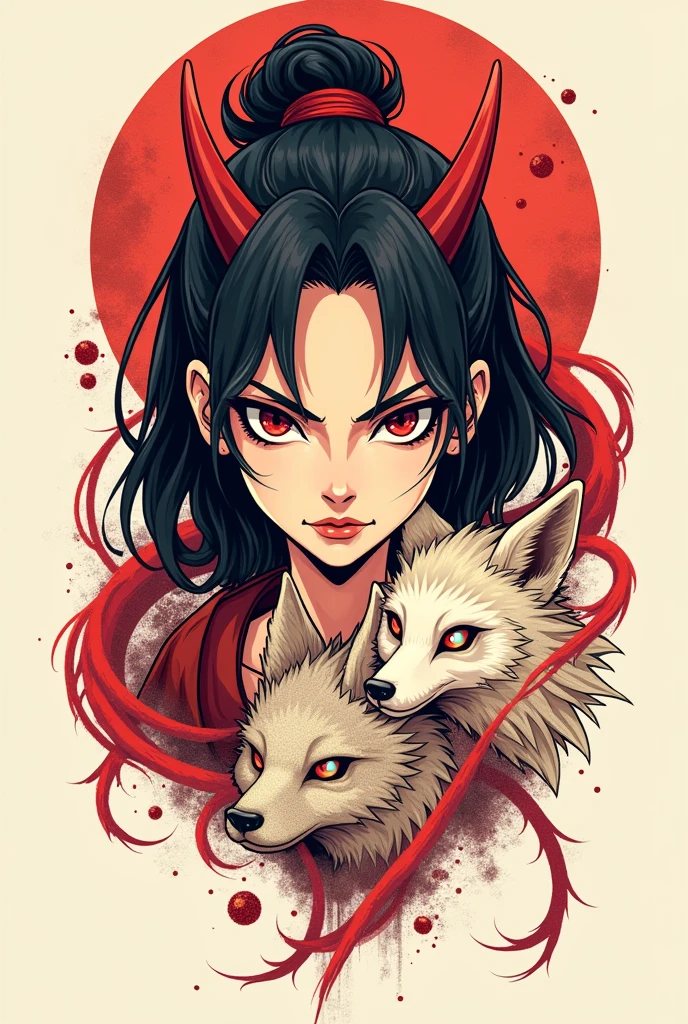 Could you create an anime-like image for a tattoo of an oni woman?, with small horns and a kitsune next to her and red lines wrapped around