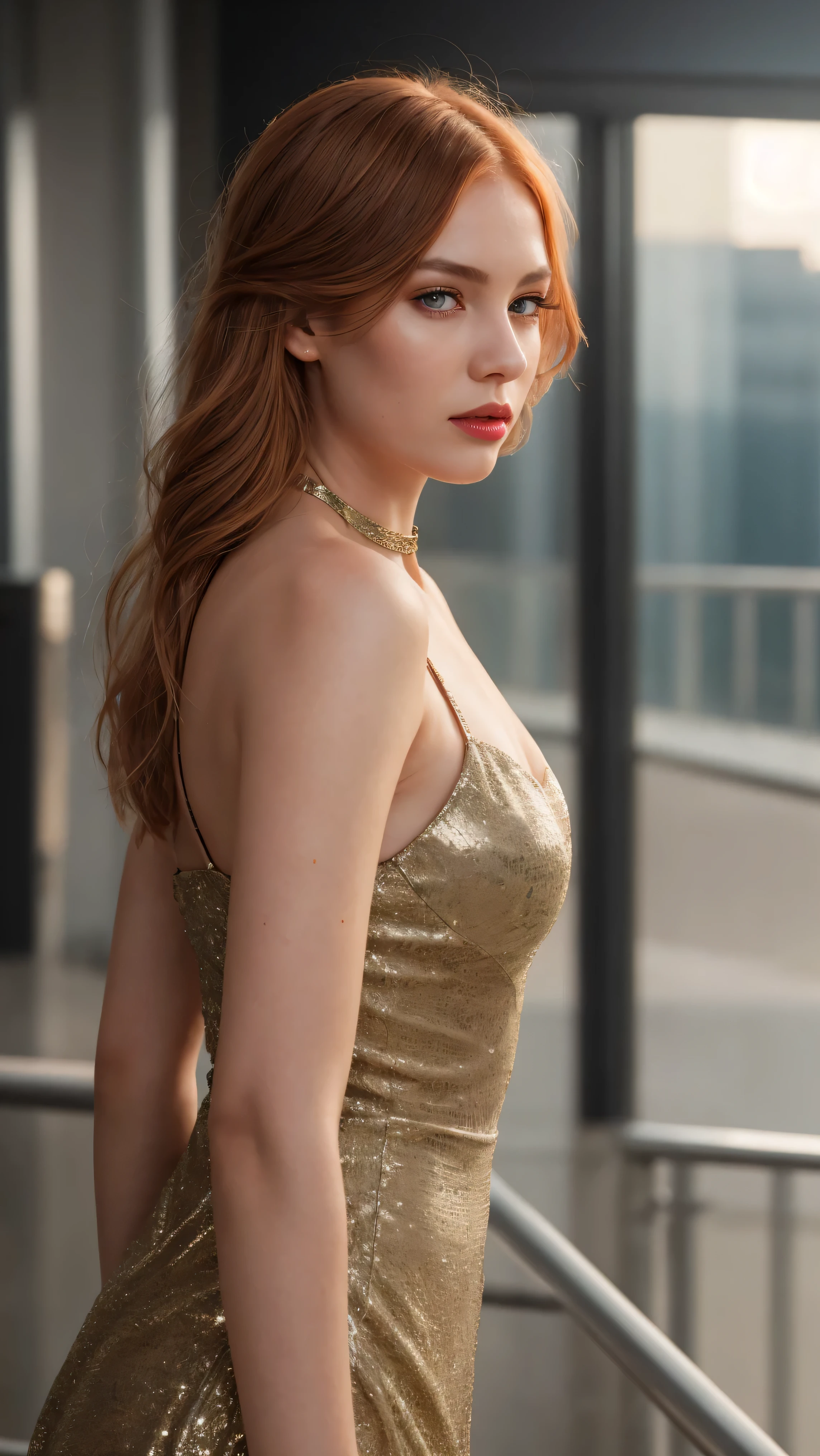 a woman with red hair, hyper-realistic skin, shiny/glossy, modern jewelry, gongbi, portraiture, dark teal and light gold, tropical landscapes, Face portrait photo oF a 21 Year-old German woman, .raw, beautiFul woman, half strawberry lips, strawberry lipstick, Fossettes, mediam breast, realistic legs, high heels, nostalgic look, light brown eyes, great student, thin eyelashes, (Brown extra long blond hair), ((detailed Face)), ((detailed Facial Features and skin texture)), (Finely detailed skin), pink and red skin, (Deep neckline detailing high-tech cyberpunk dress), Cyberpunk big city environment, (cold colors), moist, moist, reFlections, (masterpiece) (height ratio / perfect width) (photo realist) (best quality) (detailed) Shot with Canon EOS R5, ObjectiF 50mm, F/2.8, human development report, (8k) (wallpaper) (light) (Dramatic Light) (sharp focus) (complicated), sharp details, skin detail sharpness,