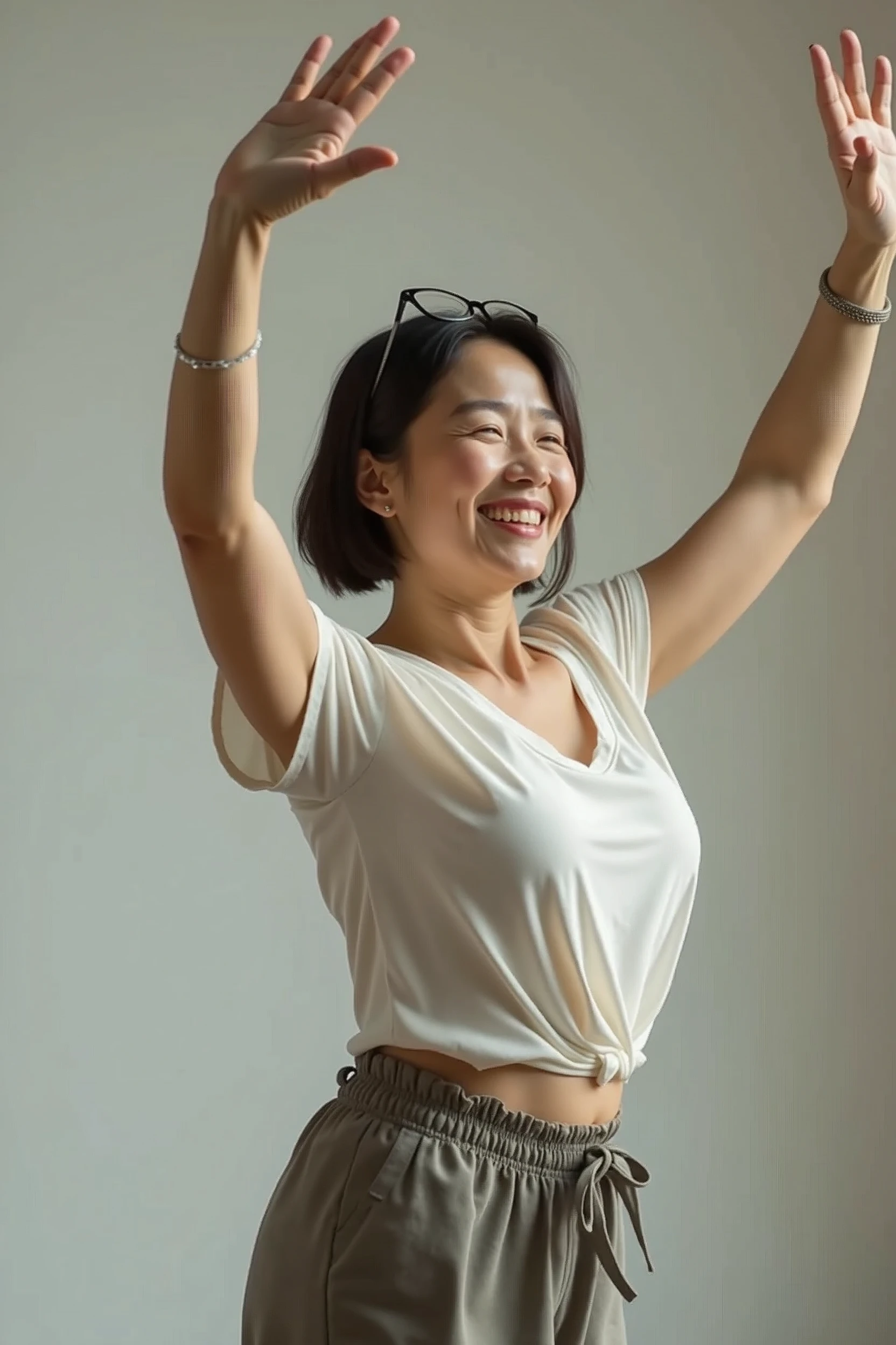 A middle -aged Asian woman, her body, dancing, opening her chest, looking straight, smiling, shoulder hair, glasses on her head, (the best quality, 4k, 8k,), super detailed, (reality Te, optical, photos, photos), sharp focus, vivid, professional colors