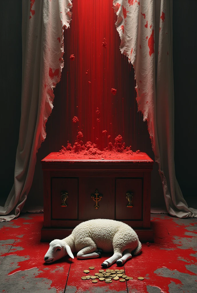 An altar stained with red paint with a lamb and coins on the floor and a curtain torn from the bottom behind the altar
