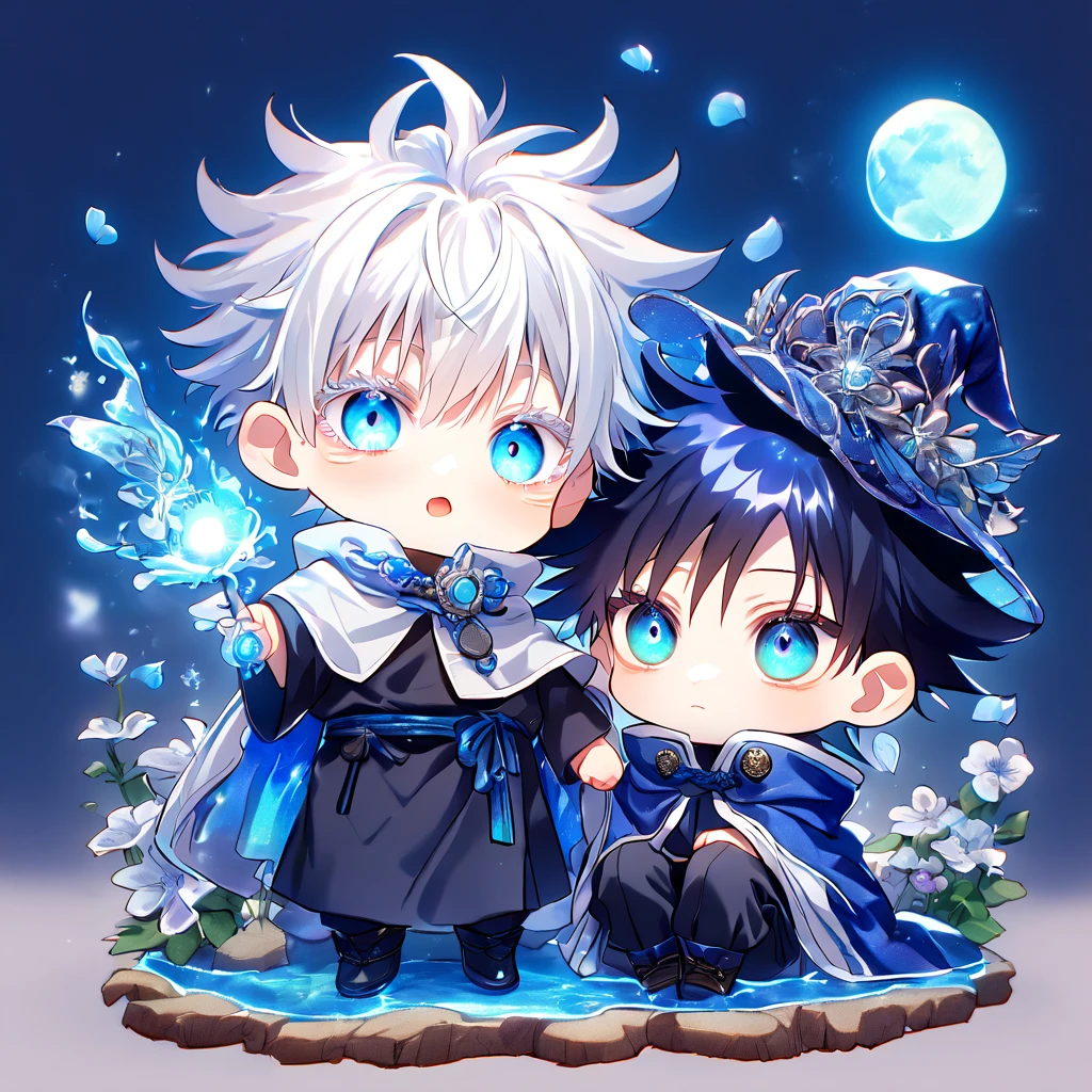 absurdres, highres, ultra detailed, HDR, master piece, Gojou Satoru chibi, white hair with bangs, white eyelashes, expressive blue eyes, Fushiguro Megumi chibi, black hair, expressive blue eyes, expressive blue eyes, Jujutsu Kaisen, magical hat, cute, best quality, blue moon, flowers, fantasy, magical, two boys hugging, yaoi, gay couple, water, blue shining fireflies, blue petals, cape