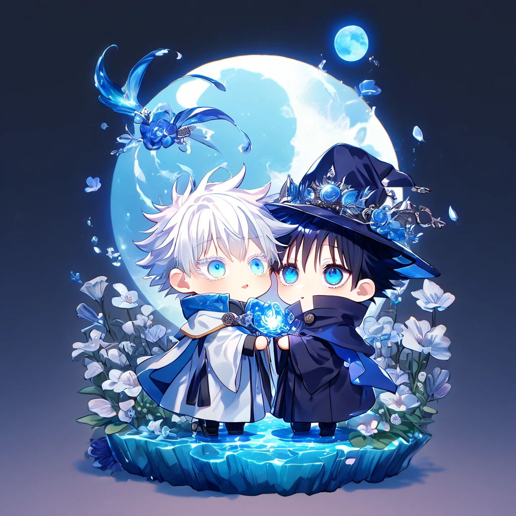 absurdres, highres, ultra detailed, HDR, master piece, Gojou Satoru chibi, white hair with bangs, white eyelashes, expressive blue eyes, Fushiguro Megumi chibi, black hair, expressive blue eyes, expressive blue eyes, Jujutsu Kaisen, magical hat, cute, best quality, blue moon, flowers, fantasy, magical, two boys hugging, yaoi, gay couple, water, blue shining fireflies, blue petals, cape