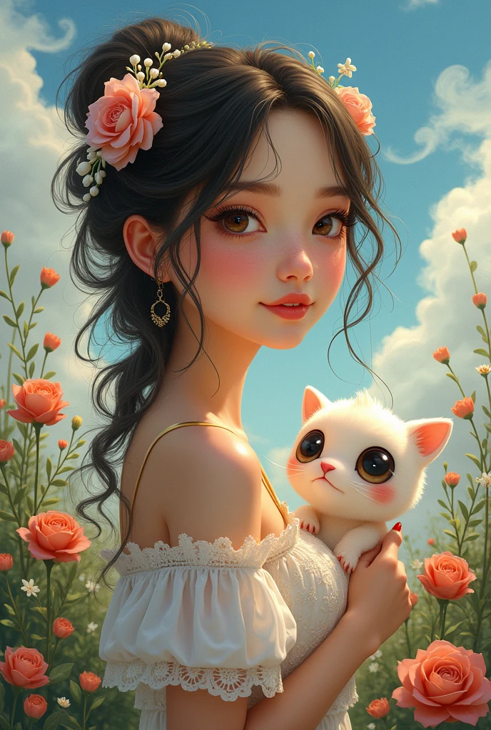 A beautiful girl with a cute chibi character