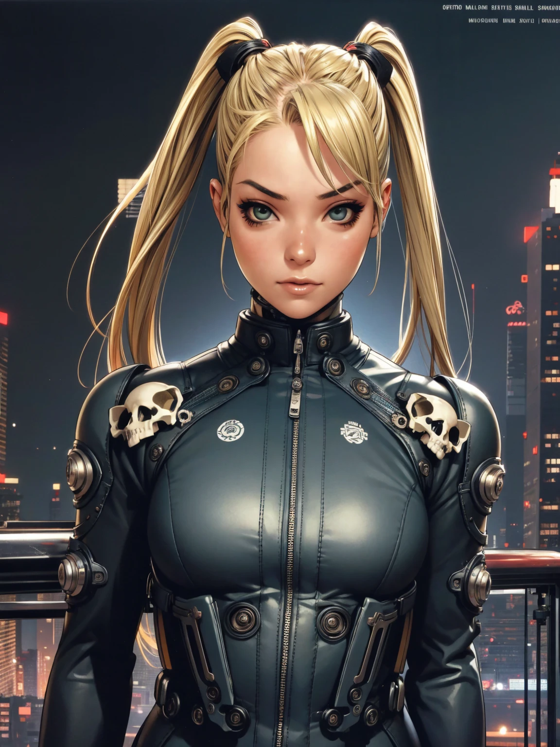 A very cute and wicked girl at the same time, biker clothes, Motorcycle of the future, Tokyo of the future, blonde, ponytails hair, cyberpunk biker jumpsuit, holding a skull shaped helmet, in the background a futuristic city with futuristic skyscrapers, tight clothing, intricate visual