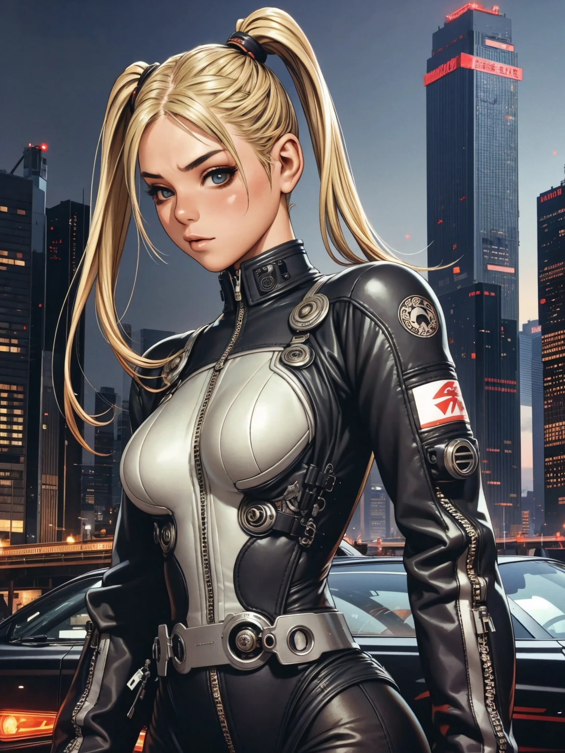 A very cute and wicked girl at the same time, biker clothes, Motorcycle of the future, Tokyo of the future, blonde, ponytails hair, cyberpunk biker jumpsuit, holding a skull shaped helmet, in the background a futuristic city with futuristic skyscrapers, tight clothing, intricate visual