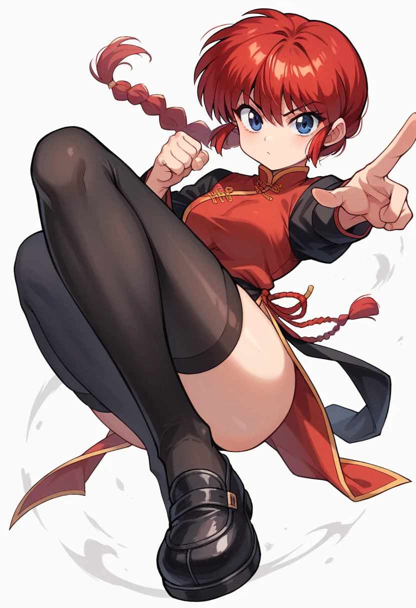 ranma-chan, 1girl, solo, looking at viewer, blue eyes, simple background, thighhighs, long sleeves, white background, underwear, braid, red hair, black thighhighs, black footwear, single braid, chinese clothes, pantyshot, braided ponytail, fighting stance, kicking, tangzhuang