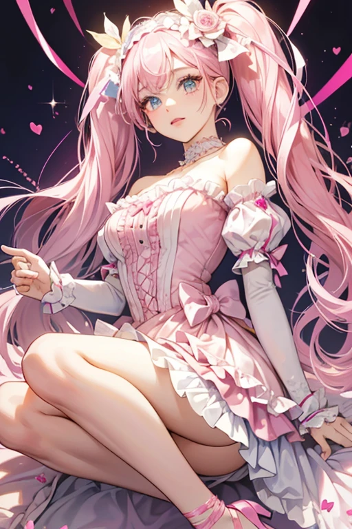 Bella wears dark pink lipstick and soft pink eye-shadow and a pale pink decorative mask. Her hair is entirely teal and worn in tightly curled twin-tails, and on her head is a dark pink layered ribbon and headband with a metallic lavender crown adorned by a pale pink ribbon. Her dress consists of a frilly white top that has three metallic lavender bows and a dark pink waistband to accent the frilly lining of her light pink skirt. Around the hem is a pattern of lavender ribbons, dark pink upside-down hearts, and sparkles. A long flowing lace piece of fabric hangs from the back. She also has pink shoes with ribbons on the ankle and a bow on the toe, white elbow gloves, and a pale pink frilly choker. SPARKLE; GLITTER