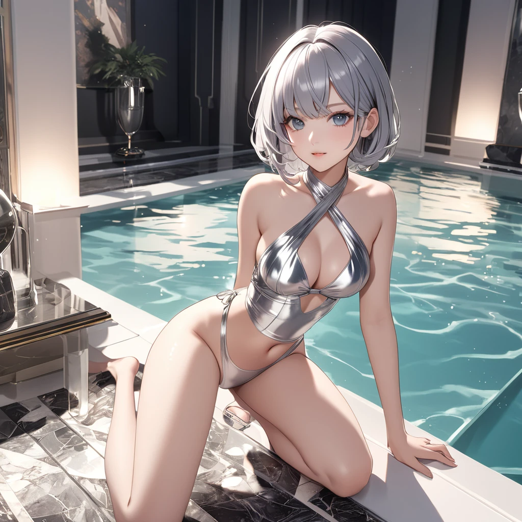 Nier Automata 2b、A beautiful tycoon pool with a very sexy silver swimsuit 