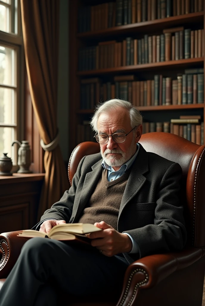 An older man sitting and reading books 