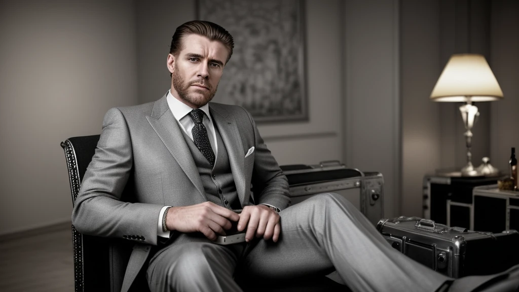 Detailed cinematic portrait of a man in a suit sitting on a chair, holding a silver suitcase on his lap, intricate details, high quality, photorealistic, dramatic lighting, perfect composition, elegant, sophisticated, masterpiece