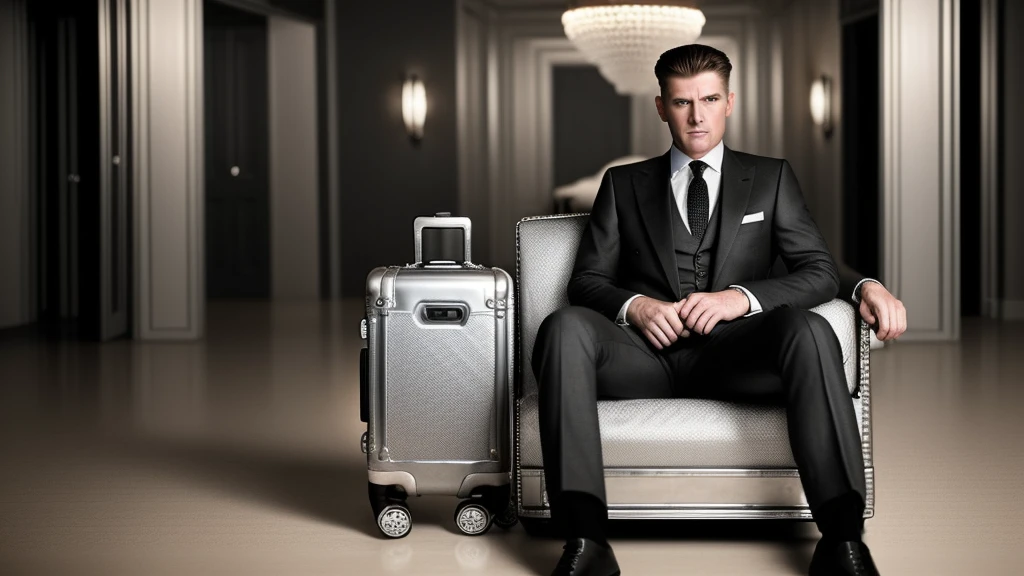 Detailed cinematic portrait of a man in a suit sitting on a chair, holding a silver suitcase on his lap, intricate details, high quality, photorealistic, dramatic lighting, perfect composition, elegant, sophisticated, masterpiece