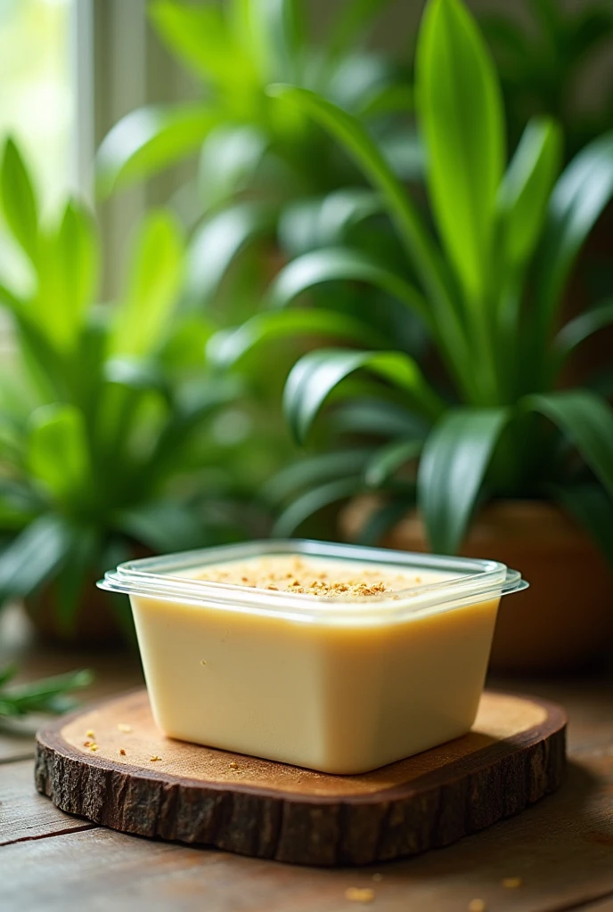 A mousse inside a square plastic pot with a green plant background, the mousse pot will be on top of a wooden tray