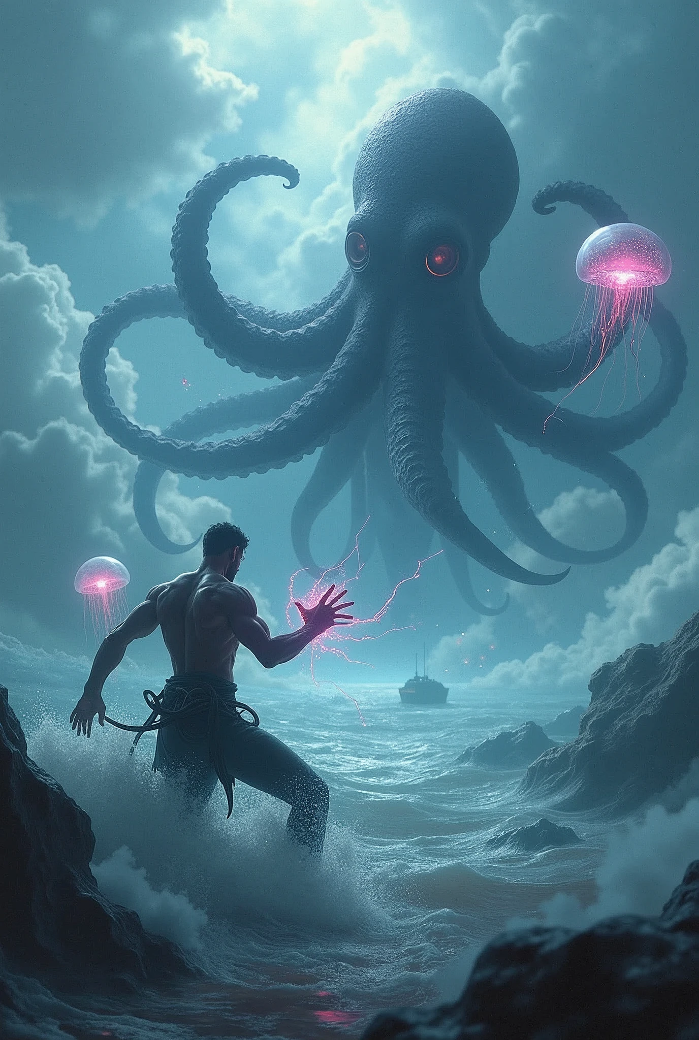 Man killing a jellyfish in a sea made of clouds, giant octopus, lofcraft, various electric jellyfish,
