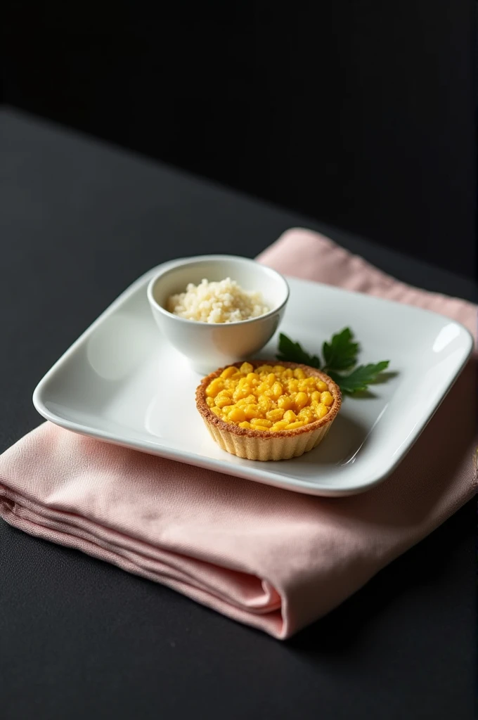 Empty rectangular white plate on a small pale pink satin napkin, Next to it is a small white bowl containing rice and two tartlets of crushed yellow Peruvian beans with a few parsley leaves as decoration.. The presentation is neat, on a black table that contrasts with the plates. The photo must be taken from below, naturally.