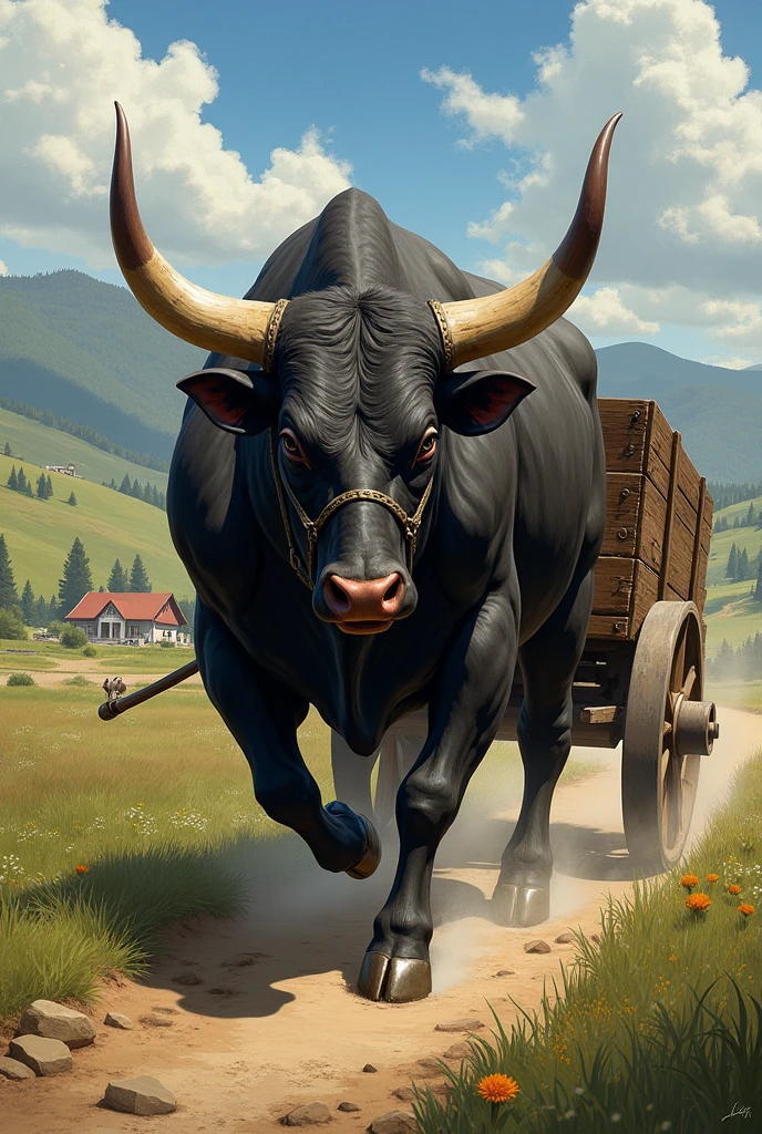 A bull pulling a cart