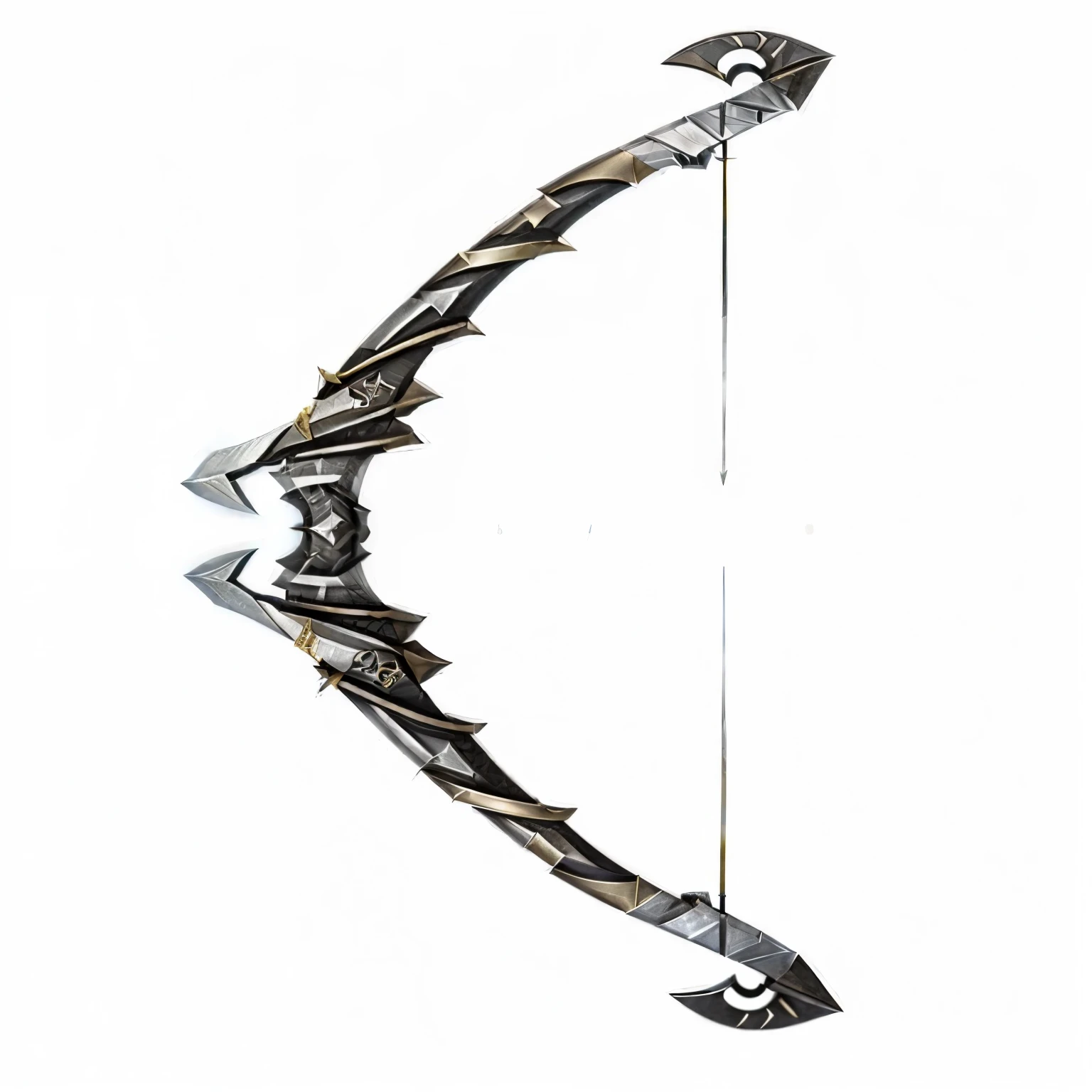 a close up of a drawing of a bow and arrow, ornamental bow, intricate fantasy spear, fantasy weapon, war blade weapon, arrowed longbow, shortbow, polearm glaive, blade design, sword design, hold mechanical bow and arrow, sharp irregular spiraling wings, curved sword, polearm, armored sword blade, longbow, glaive