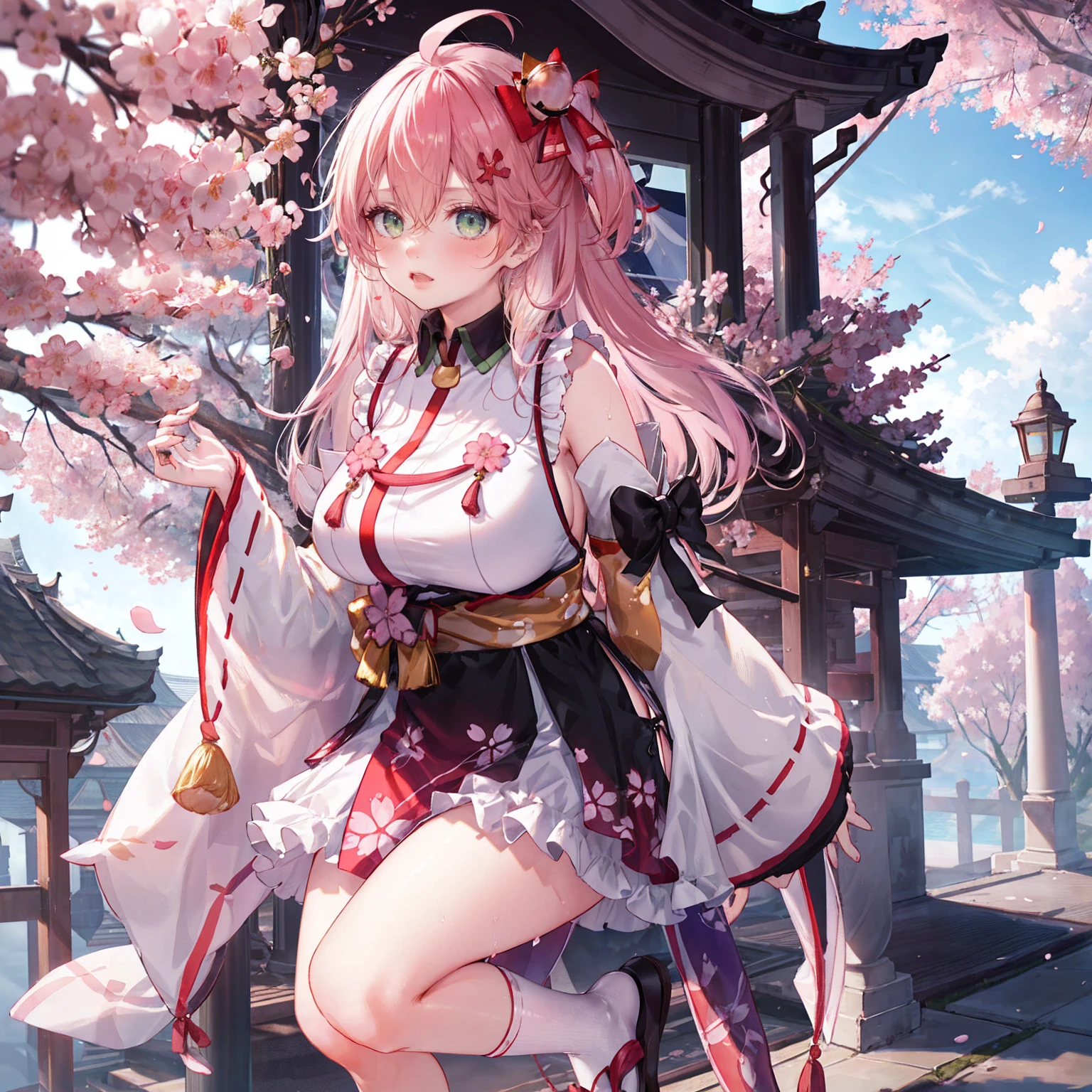 Fisheye Lens、Plump thighs、Super huge breasts、カメラeye線、hand足、Full body description、masterpiece, Highest quality, High resolution, Shrine maiden1, cherry blossoms_Shrine maiden, One person, big_tits, alone, Ahoge, Vatu_hair_ornament, pink_hair, Floral print, hairclip,(~ side_fewer_Clothes:1.5), (~ side_tits:1.5), hair_Bell, Floral print, length_hair, hair between eye, one ~ side up, White knee socks, asymmetrical footwear, wide sleeve, Open_mouth,(Happy:1.3),green_eye,big_smile,(rise_foot:1.3),Plump,Away_foots,(excessively_length_sleeve:1.3),),sleeve_past_hand首,hand_hidden_sleeve,~ sidelock_Clothes,dynamic_Pause,alone,hidden_hand首,(LOL:1.4),Covered_Nipples,sunlight,Cherry Blossom_background,Sweat it out、