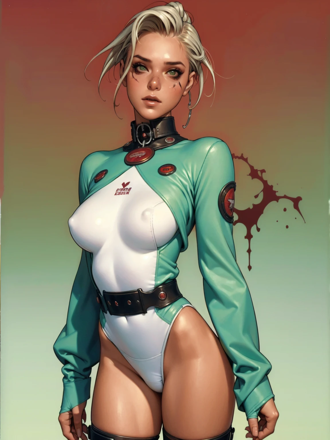 (((short arms))), ((( zombie girl ))), (((bandaged arms))), ((high collar)), (((green with red details))), (((best qualityer: 1.4))), (Unbeatable masterpiece), (hiper HD),(CG 8k hyper-realistic), (((brave face))), (((breasts big))), (((hyper feminine))), sexy girl, zombie girl with blue skin, scars and stitches on the skin of the neck, arms and legs,（punk messy hair)), ((( sculptural body ))), (((1 girl))), 18 year old zombie girl with perfect body,,Beautiful and well-groomed face,muscular body:1.2,solid color detailed jacket, (Head to thigh photos)