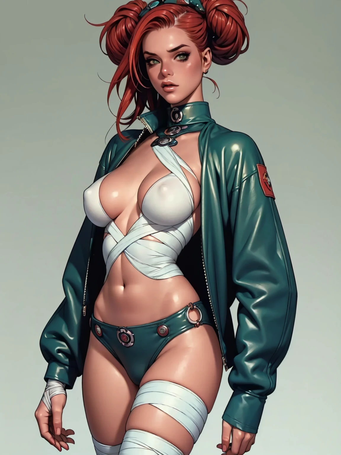 (((short arms))), ((( zombie girl ))), (((bandaged arms))), ((high collar)), (((green with red details))), (((best qualityer: 1.4))), (Unbeatable masterpiece), (hiper HD),(CG 8k hyper-realistic), (((brave face))), (((breasts big))), (((hyper feminine))), sexy girl, zombie girl with blue skin, scars and stitches on the skin of the neck, arms and legs,(punk messy hair)), ((( sculptural body ))), (((1 girl))), 18 year old zombie girl with perfect body,,Beautiful and well-groomed face,muscular body:1.2,solid color detailed jacket, (Head to thigh photos)