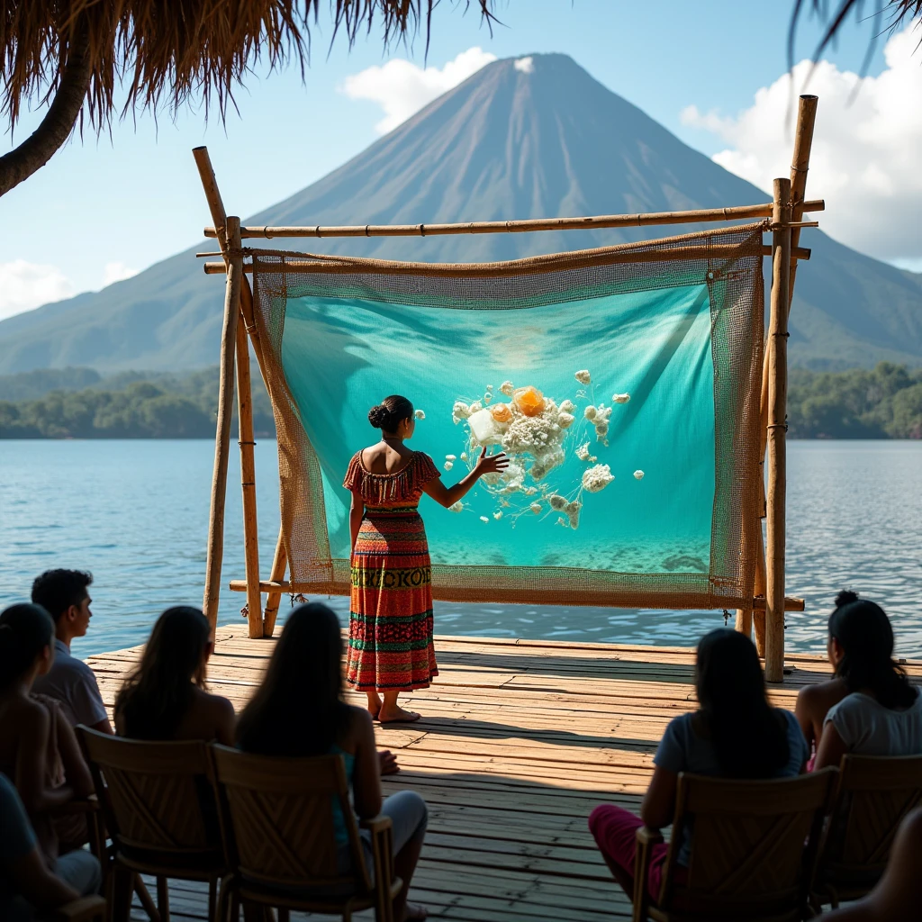 Photo d une conférence sur une plateforme de bambou flottante sur le lac atitlan. Une femme en costume traditionnel commante des images de déchet flottant sur écran de tissu tendu sur une structure architectural de bambou. En premier plan le public en habit Maya qui regarde a terre
