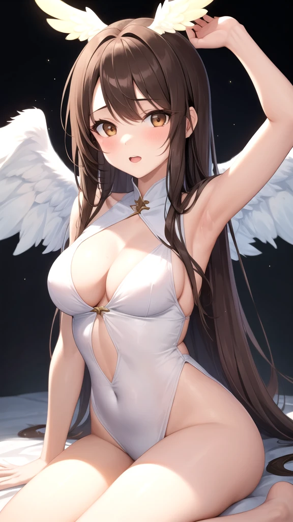 1girl, long hair, brown hair, brown eyes, angel