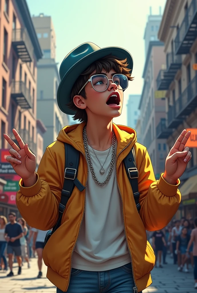 Light-skinned rapper with a hat and glasses singing on the street