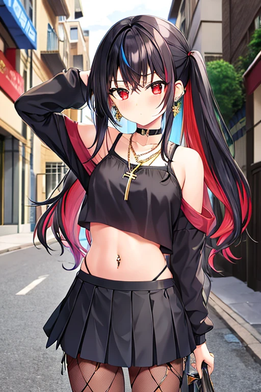 anime girl in top and shorts posing next to building on city street, 1girl, navel, solo, skirt, black hair, fishnets, jewelry, looking at viewer, long hair, red eyes, multicolored hair, midriff, earrings, choker, arms up, shirt, red hair, crop top, colored inner hair, black skirt, two-tone hair, black shirt, cowboy shot, pantyhose, long sleeves, blush, pleated skirt, cross, fishnet pantyhose, blurry, bangs, necklace
