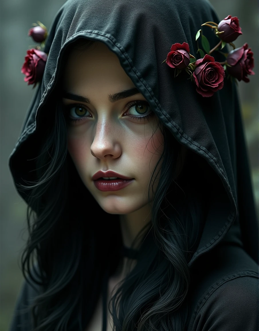((Artwork)), ((best quality)), ((close up: 1.0))a woman with a hood and roses in her hair, estilo de dark fantasy art, in the style of dark fantasy art, gothic fantasy art, dark fantasy art, dark fantasy art, gothic maiden, she is the queen of black roses, dark fantasy mixed with realism, dark fantasy style, gothic maiden of the dark, gothic art, Dark digital art, mas detalhado, dark fantasy artwork