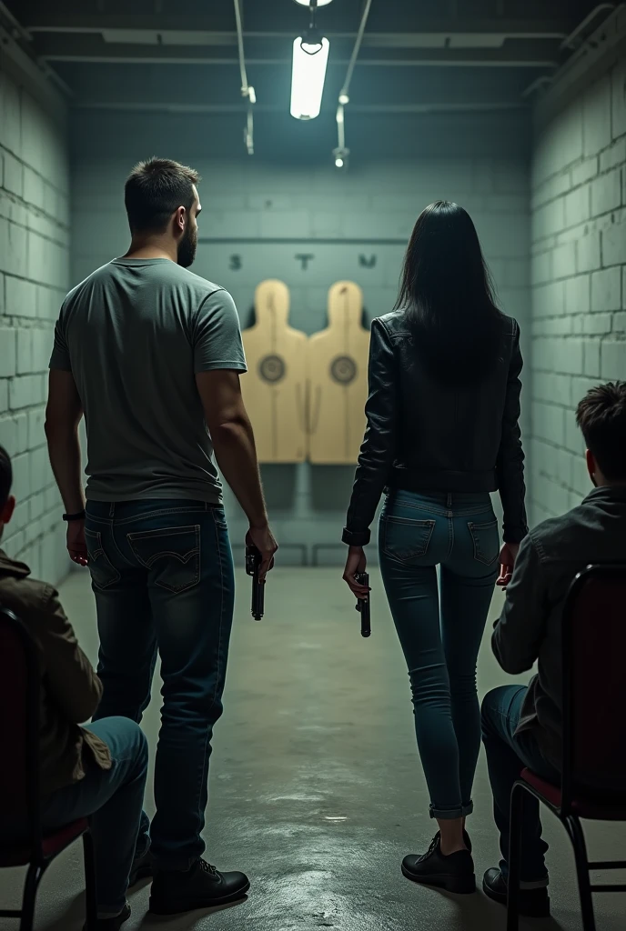 Large, poorly lit shooting range, with gray brick walls, with several distant targets ahead. There are 4 people, a strong man in a gray t-shirt, jeans carrying a revolver and a thin woman with long black hair in a black jacket and jeans carrying a pistol, both pointing their guns at the targets. The other 2 people are sitting far away in chairs waiting.