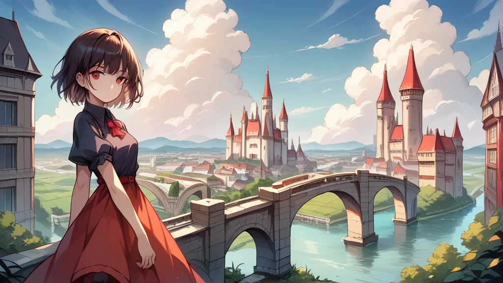 (masterpiece,newest,exceptional:1.2), anime,1girl,bangs,black_hair, beautiful 8k eyes,blue_sky,bridge,building,castle,city,cityscape,cloud,day,dress,looking_at_viewer,outdoors,red_neckwear,red_ribbon,ribbon,river,short_hair,short_sleeves,sky,skyscraper,solo,standing,town,water