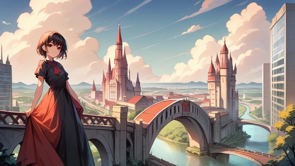 (masterpiece,newest,exceptional:1.2), anime,1girl,bangs,black_hair, beautiful 8k eyes,blue_sky,bridge,building,castle,city,cityscape,cloud,day,dress,looking_at_viewer,outdoors,red_neckwear,red_ribbon,ribbon,river,short_hair,short_sleeves,sky,skyscraper,solo,standing,town,water