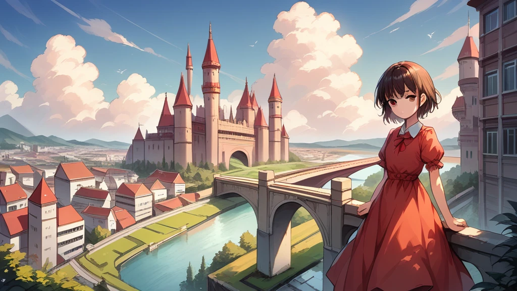 (masterpiece,newest,exceptional:1.2), anime,1girl,bangs,black_hair, beautiful 8k eyes,blue_sky,bridge,building,castle,city,cityscape,cloud,day,dress,looking_at_viewer,outdoors,red_neckwear,red_ribbon,ribbon,river,short_hair,short_sleeves,sky,skyscraper,solo,standing,town,water