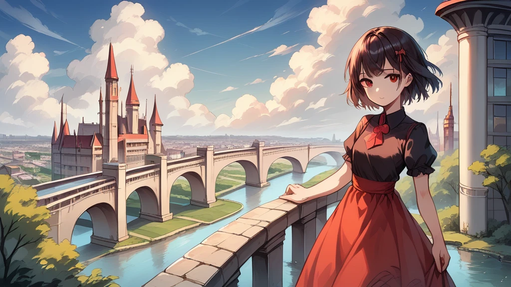 (masterpiece,newest,exceptional:1.2), anime,1girl,bangs,black_hair, beautiful 8k eyes,blue_sky,bridge,building,castle,city,cityscape,cloud,day,dress,looking_at_viewer,outdoors,red_neckwear,red_ribbon,ribbon,river,short_hair,short_sleeves,sky,skyscraper,solo,standing,town,water