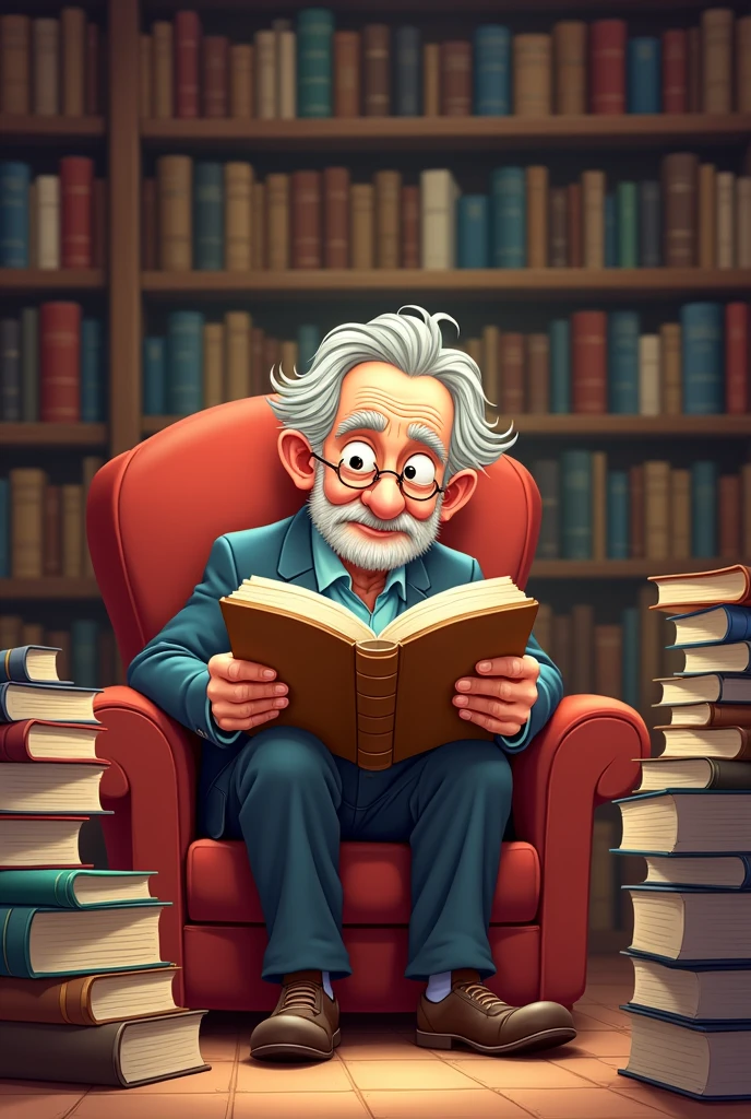 An older man sitting and reading books in a cartoon