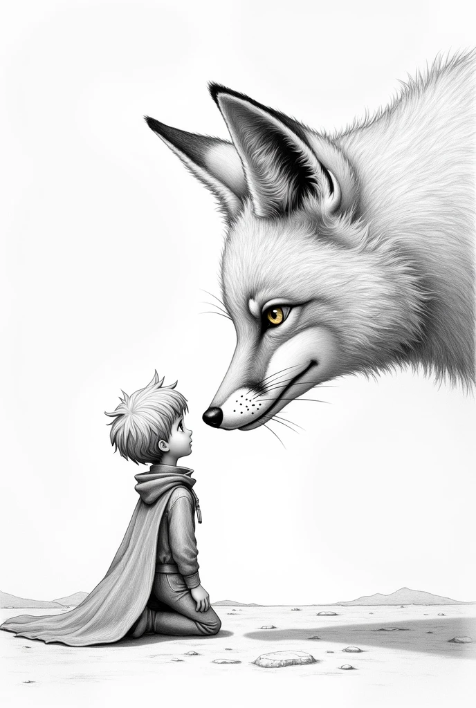 Can you create an image for me where the little prince is kneeling on the moon looking the fox in the eye as a drawing and make the fox with a challenging look and make them so big that you can almost see just their faces but make them the same size do it in pencil make the little prince with the cape and everything