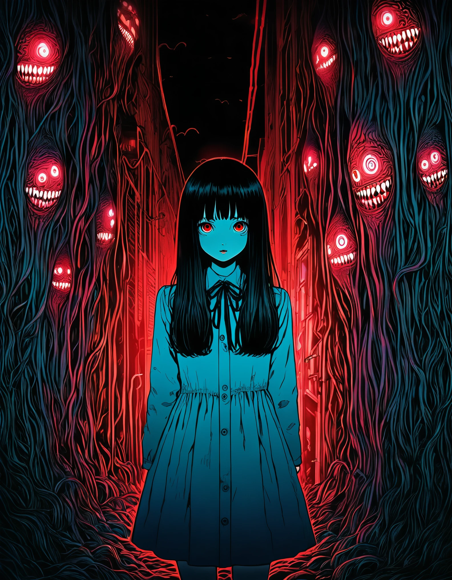 surreal horror, anime style, directed by Junji Ito, high contrast, vivid colors, eerie atmosphere, psychological tension, intricate line work, nightmarish creatures