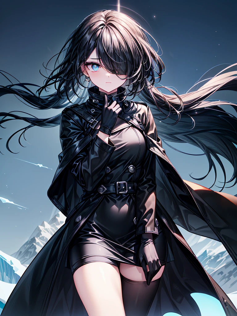 ((flame sword)),((Celestial Glacier)),((masterpiece)),((light particles)),((black micro mini length skirt),((alone)),(Serene),((Deep blue pupils)),((sparkling eyes)),(Beautiful Blue Eyes),((Wearing a black coat)),(((Wearing black tights))),(Slim body),((length, Shiny black hair)),((Her left eye is completely hidden by her bangs)),((Her hair is parted, and you can see her eyes through it)),((Wearing black gloves)),((hair over one eye,long hair)),((Hair blowing in the wind)