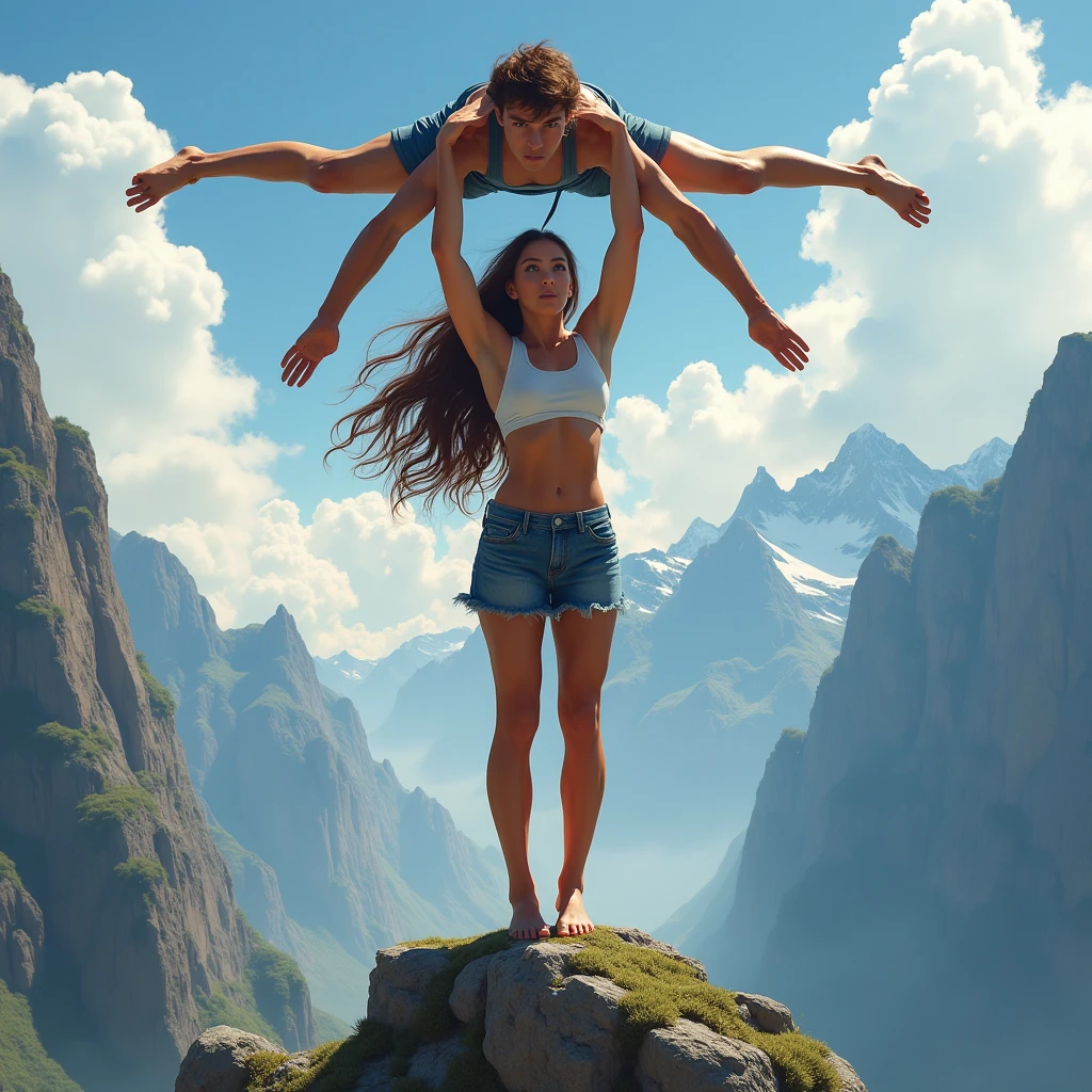 (Girl lifting a man high above her head with her strong arms). She is standing on a cliff with tall Mountains in the background. Teen, Cute, gorgeous, Caucasian girl, fit, (muscular:1.5), 18, abs, slender, slim, long flowing brown hair, (dressed in skirt and crop top),