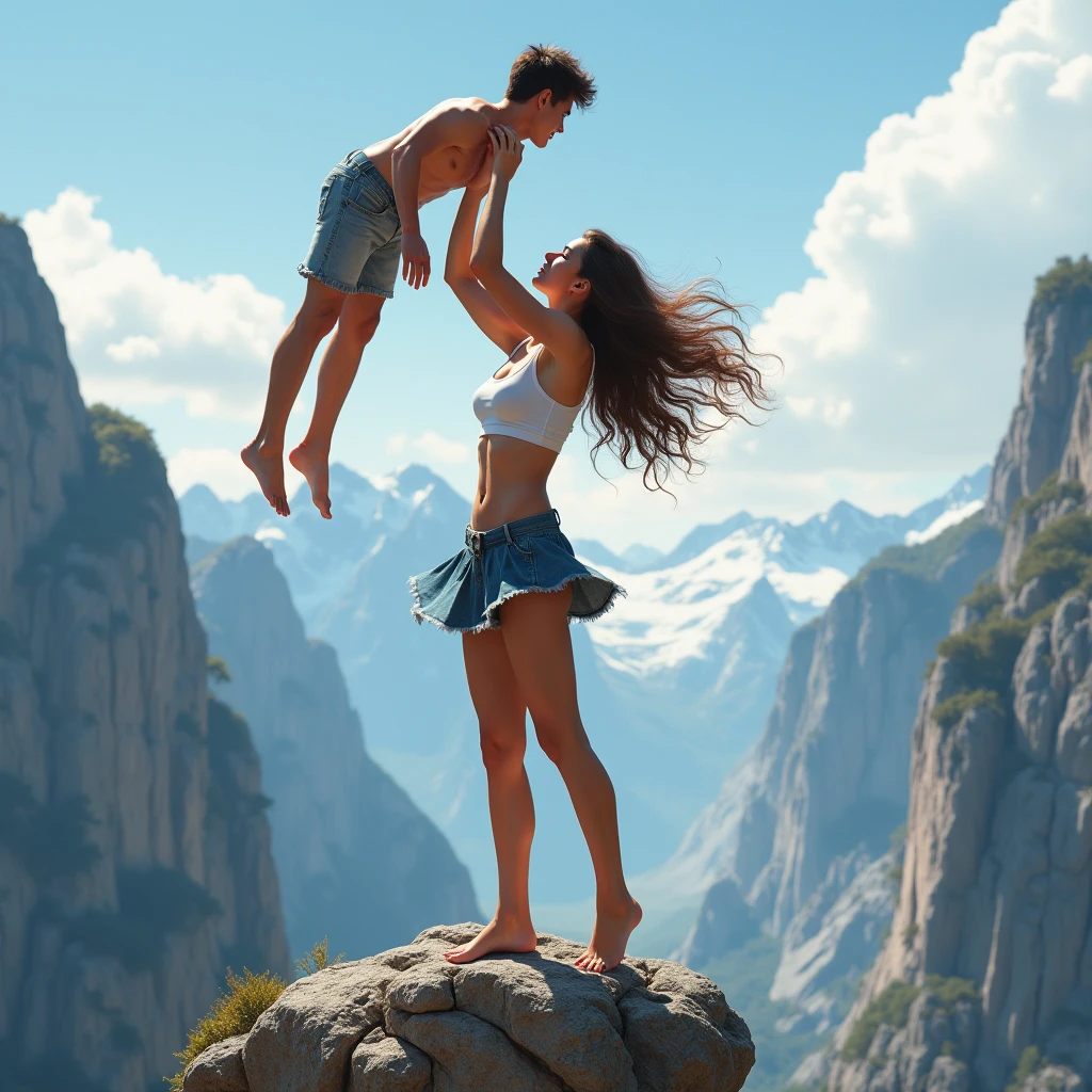 Blonde teen girl lifting a man high over her head with her strong arms. She is standing on a cliff with tall Mountains in the background. She is dressed in sexy cheer attire.
