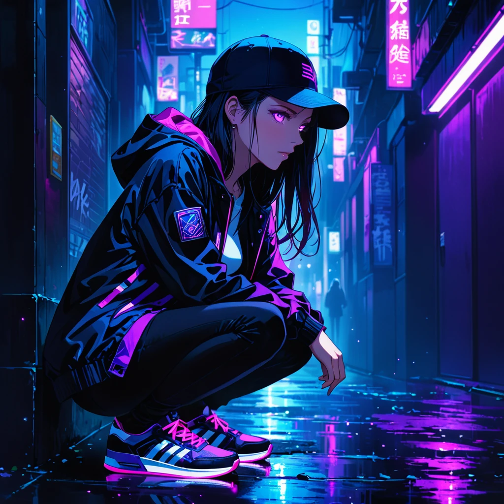 An anime-style illustration of a woman crouching in the dark, looking straight ahead with her face hidden by a cap. She is wearing a street-style jacket and sneakers, both with fluorescent purple accents that stand out in the dark environment.purpleeyes high resolution, masterpiece, accurate, 最high quality, High detail, high quality, Very detailed, dark,longhair