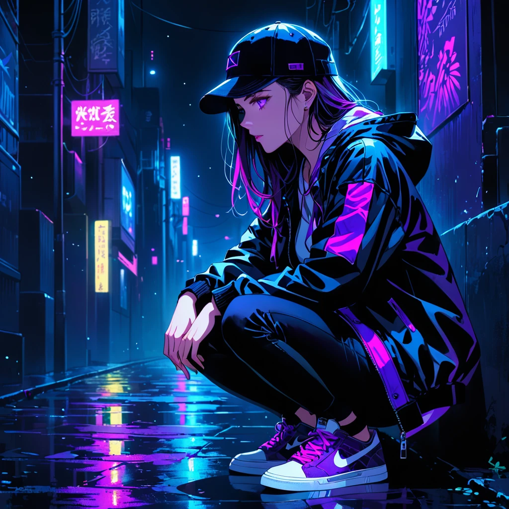 An anime-style illustration of a woman crouching in the dark, looking straight ahead with her face hidden by a cap. She is wearing a street-style jacket and sneakers, both with fluorescent purple accents that stand out in the dark environment.purpleeyes high resolution, masterpiece, accurate, 最high quality, High detail, high quality, Very detailed, dark,longhair