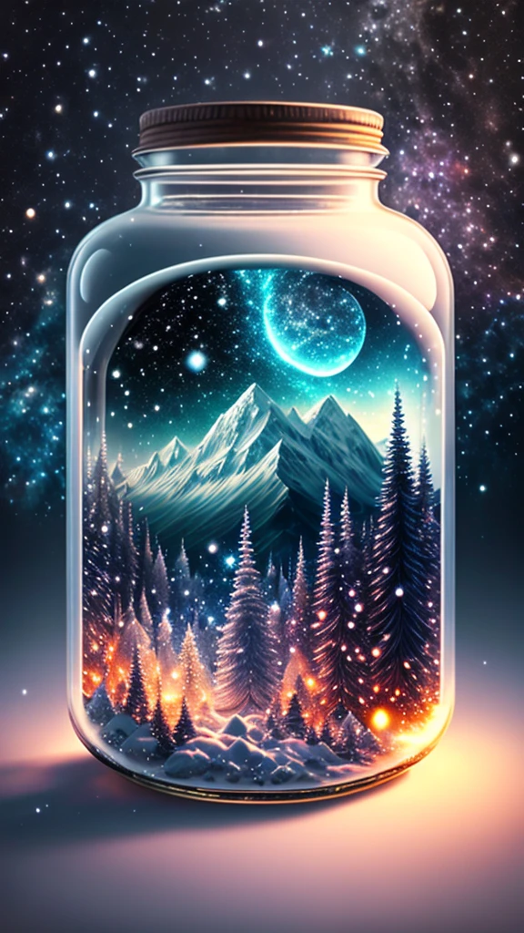 The entire universe is contained in a glass jar，Ultra photo realsisim，ultra - detailed，dramatic lights，4k，winter environment