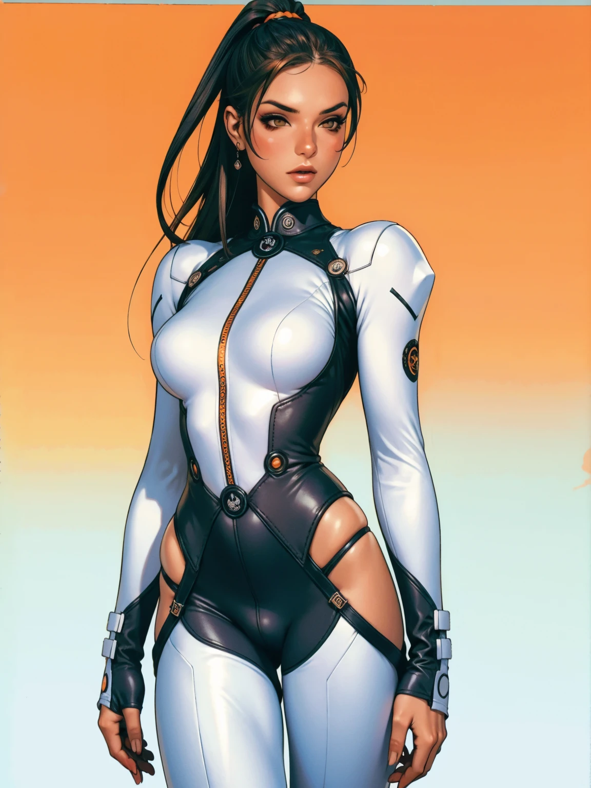 (((short arms))), ((( bike rider suit ))), (((bandaged arms))), ((high collar)), (((light blue with orange details))), (((best qualityer: 1.4))), (Unbeatable masterpiece), (hiper HD),(CG 8k hyper-realistic), (((brave face))), (((breasts big))), (((hyper feminine))), sexly girl, Kaneda bike,(black bob hair)), ((( sculptural body ))), (((1 Kizi))), Kizi cibernética de 25 anos com perfectbody,,Beautiful and well-groomed face,muscular body:1.2,solid color detailed jacket, (Head to thigh photos), Complex equipment, green dark,Long pants,Tight clothes are dark,With white stars and off-white stripes,,,,,Armor Metal Electronic Parts, Poison tattoos ) INFO, Kizi, (((standing alone))), pirralha violent, ((())), sexly, pose de atitude, work of art, post-apocalypse, (((manga style))), bounty hunter, violent, Manic, the way you want, slenderbody, thin but strong, perfectbody, roupa moderna, advanced technology, neon, sleeves with vertical striped pattern, neutral background, (( cowboy shot )). intricate visual