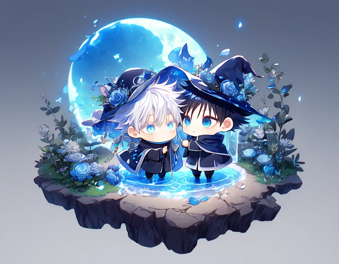 absurdres, highres, ultra detailed, HDR, master piece, Gojou Satoru chibi, white hair with bangs, white eyelashes, expressive blue eyes, Fushiguro Megumi chibi, black hair, expressive blue eyes, expressive blue eyes, Jujutsu Kaisen, magical hat, cute, best quality, blue moon, flowers, fantasy, magical, two boys hugging, yaoi, gay couple, water, blue shining fireflies, blue petals, cape