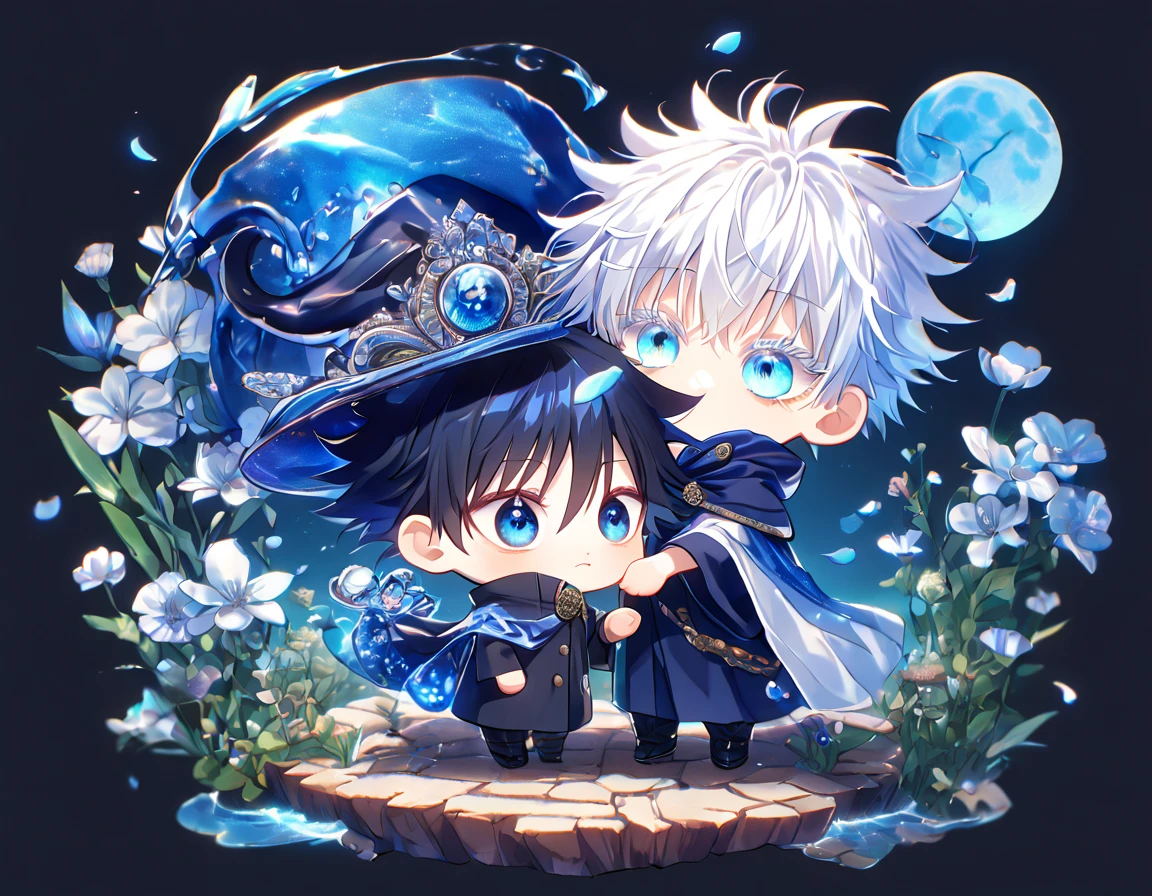 absurdres, highres, ultra detailed, HDR, master piece, Gojou Satoru chibi, white hair with bangs, white eyelashes, expressive blue eyes, Fushiguro Megumi chibi, black hair, expressive blue eyes, expressive blue eyes, Jujutsu Kaisen, magical hat, cute, best quality, blue moon, flowers, fantasy, magical, two boys hugging, yaoi, gay couple, water, blue shining fireflies, blue petals, cape